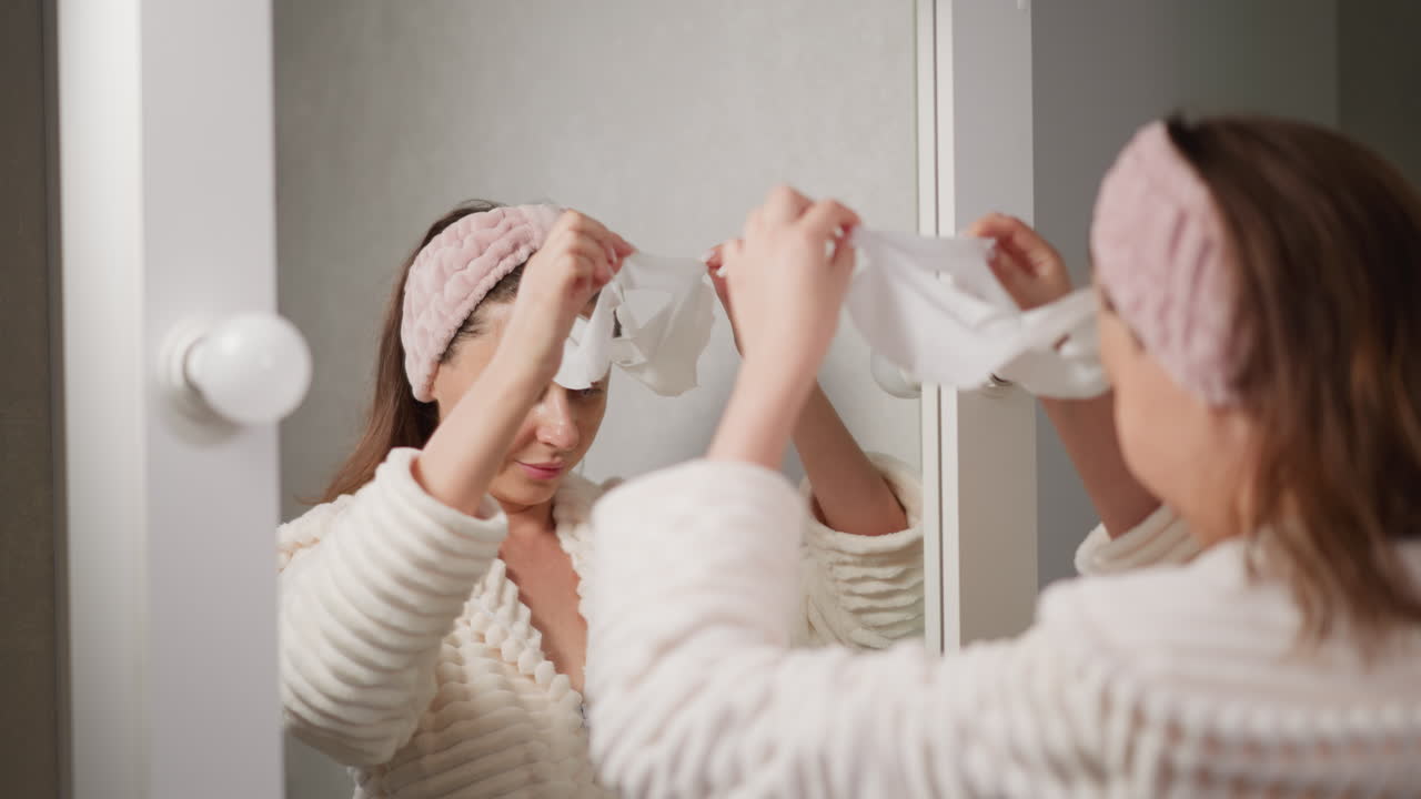 Woman removes cosmetic fabric mask from face before shower. Attractive woman in plush bathrobe removes used mask from face with hands slow motion