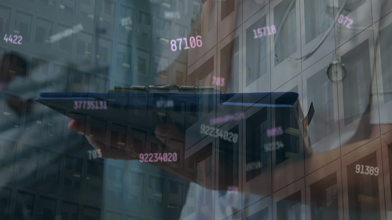 클러프보드와 함께 백인 여성 의사를 처리하는 숫자의 애니메이션