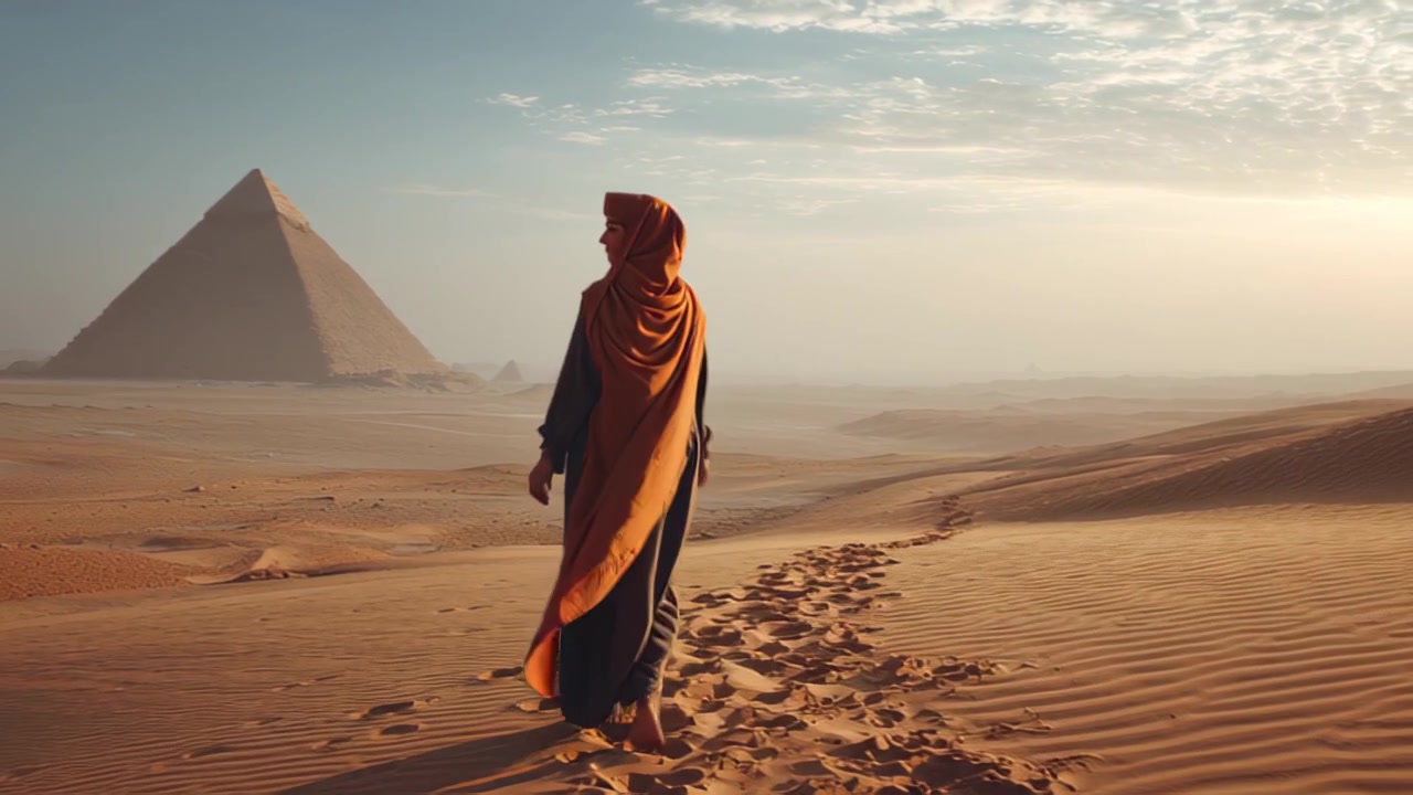 Filmové záběry osamělé ženy v tradičním šátku, kráčející přes písečné duny k prastaré pyramidě při východu slunce, pouštní krajina se stopami a teplým světlem.