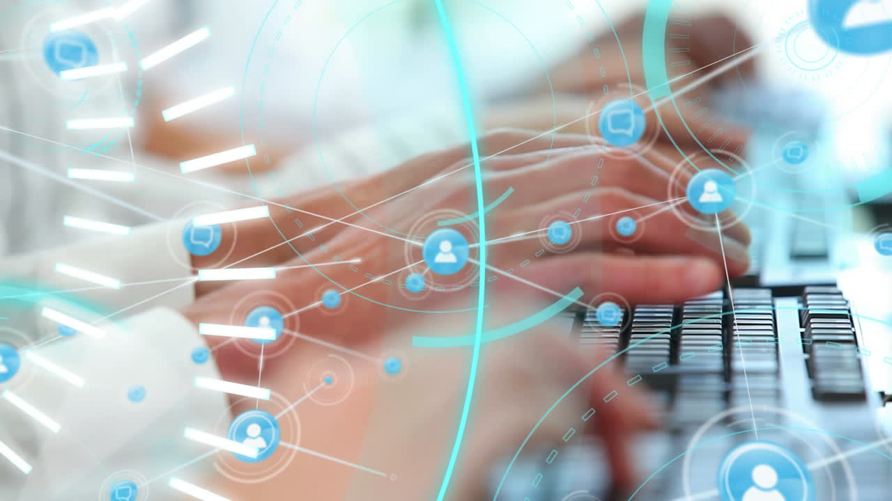 사무실에서 키보드를 입력하는 사람들을 상대로 연결 아이콘의 네트워크를 통해 5g 텍스트