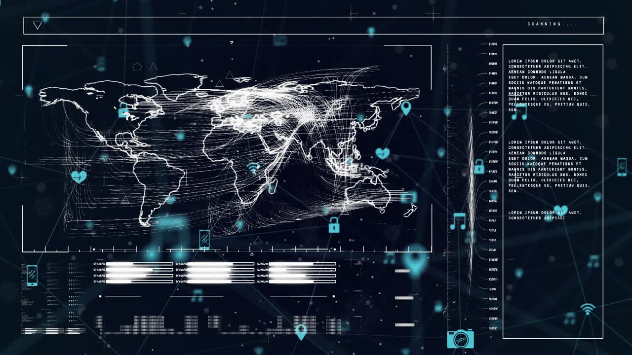 World map with data points and security icons, global network animation