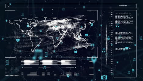 world map with data points and security icons, global network animation