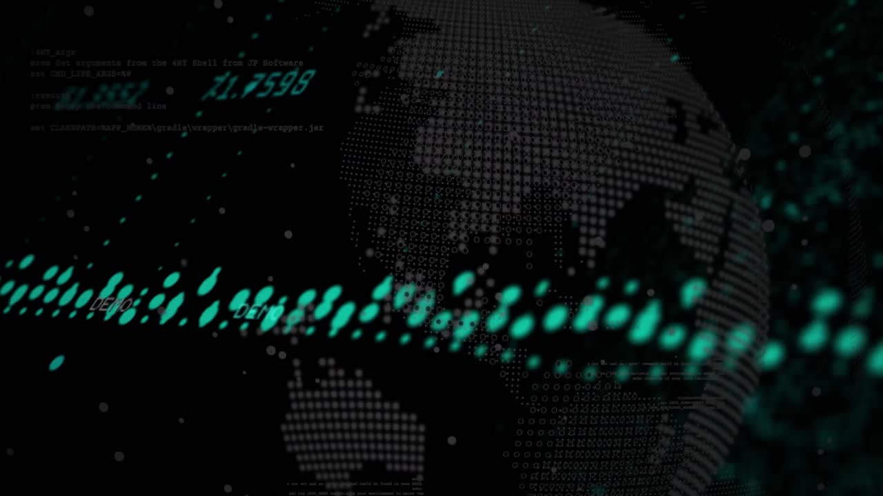 검은색 배경에 회전하는 지구 위에서 데이터 처리 및 변하는 숫자의 디지털 애니메이션