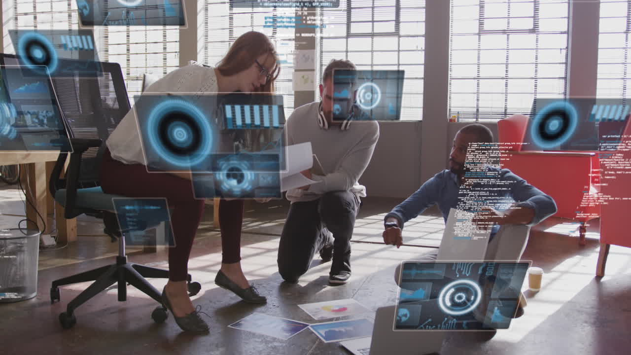 Animation of data processing against diverse colleagues discussing over documents at office