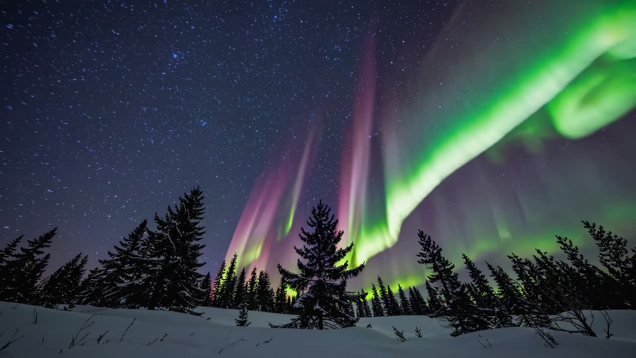 A mesmerizing video captures the Northern Lights with a low-angle view, showcasing vibrant pink