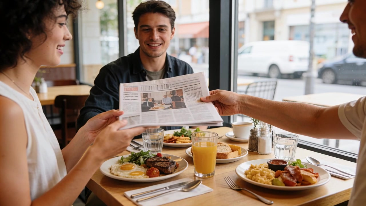 En mand rækker papir til højre hen over cafébordet, mens manden i midten vejleder, og en kvinde tager imod for at dele nyheder.