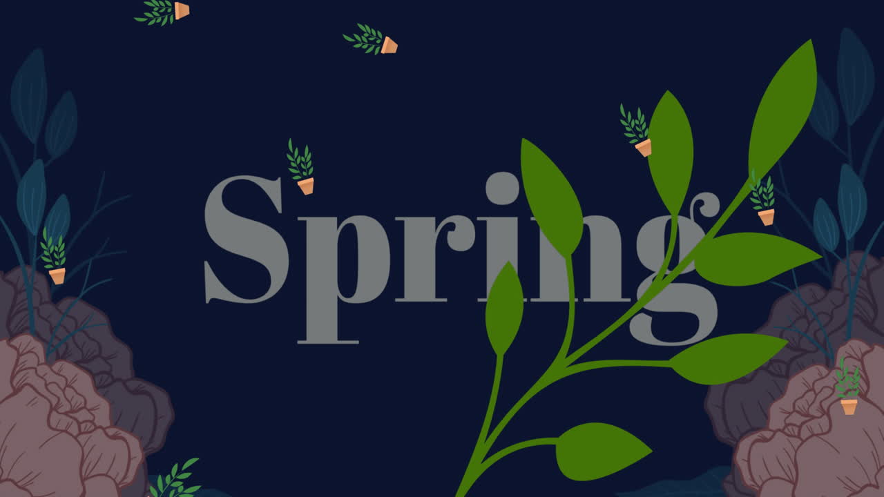 Animation of falling flower pots with leaves and spring text over black background