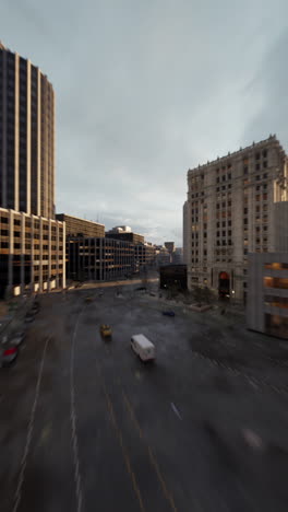 a wide shot of a street in a city with cars driving down it.