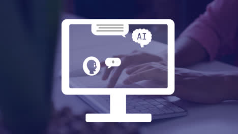 animación de un texto, iconos y procesamiento de datos sobre la mujer utilizando la computadora