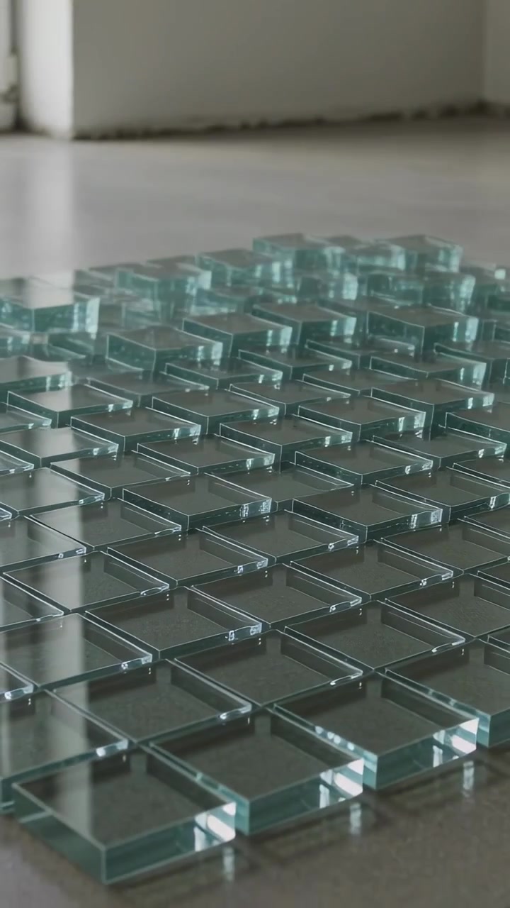 Vertical video: Pulling back camera revealing aqua glass mat on base by window with air bubbles