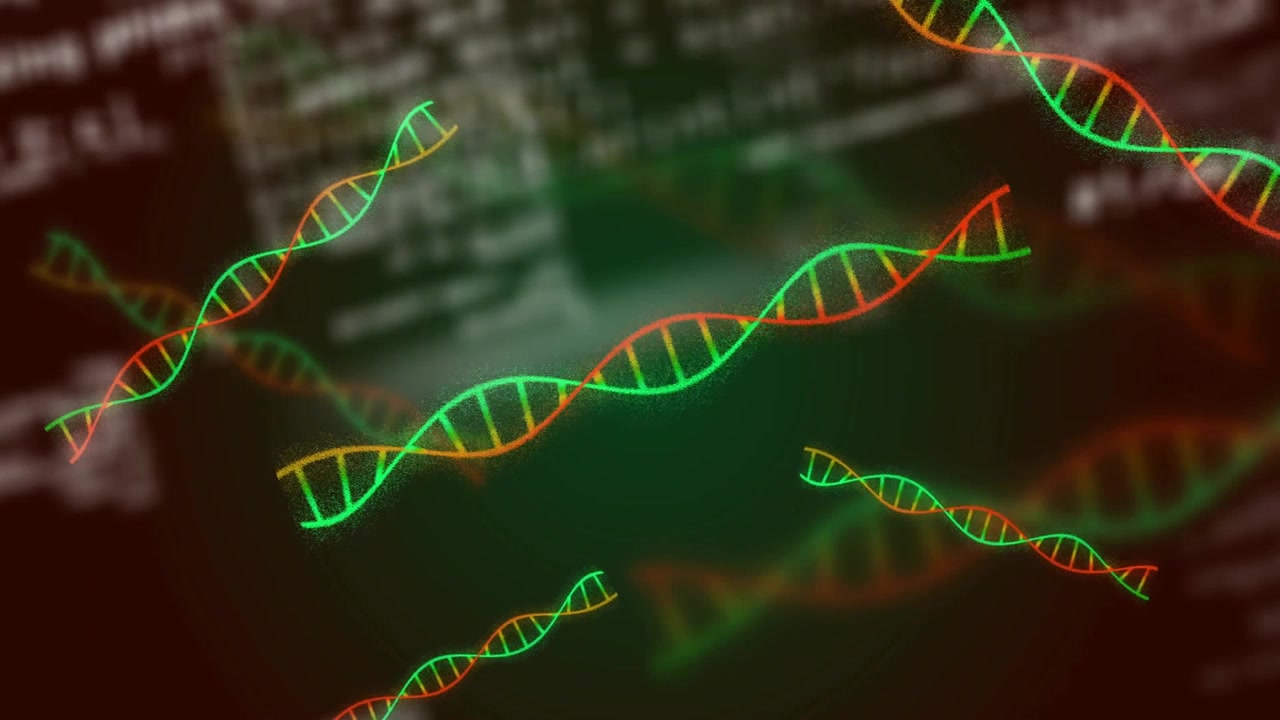 Neon green and red DNA helices floating diagonally over dark 3D render backdrop, with blurred code
