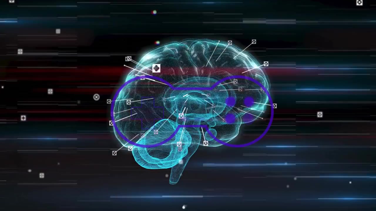 graphic designer exploring AR neural mapping interface, highlighting wireframe brain and data icons