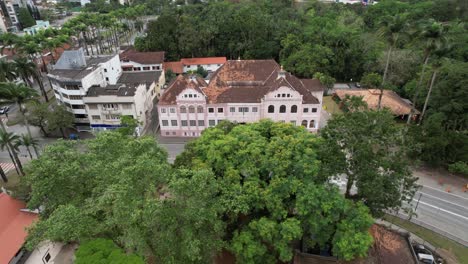 aerial-view-of-Fundação-Cultural-Blumenau,-historic-building-and-old-city-hall,-city-in-the-Itajaí-valley,-state-of-Santa-Catarina,-southern-Brazil