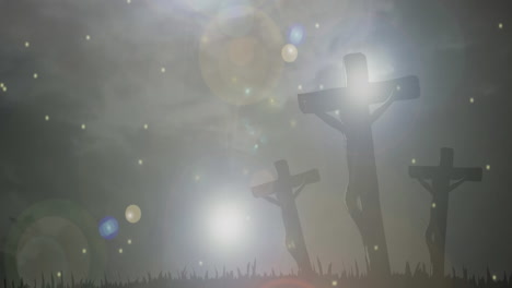 animation of three christian crosses over moving glowing stars