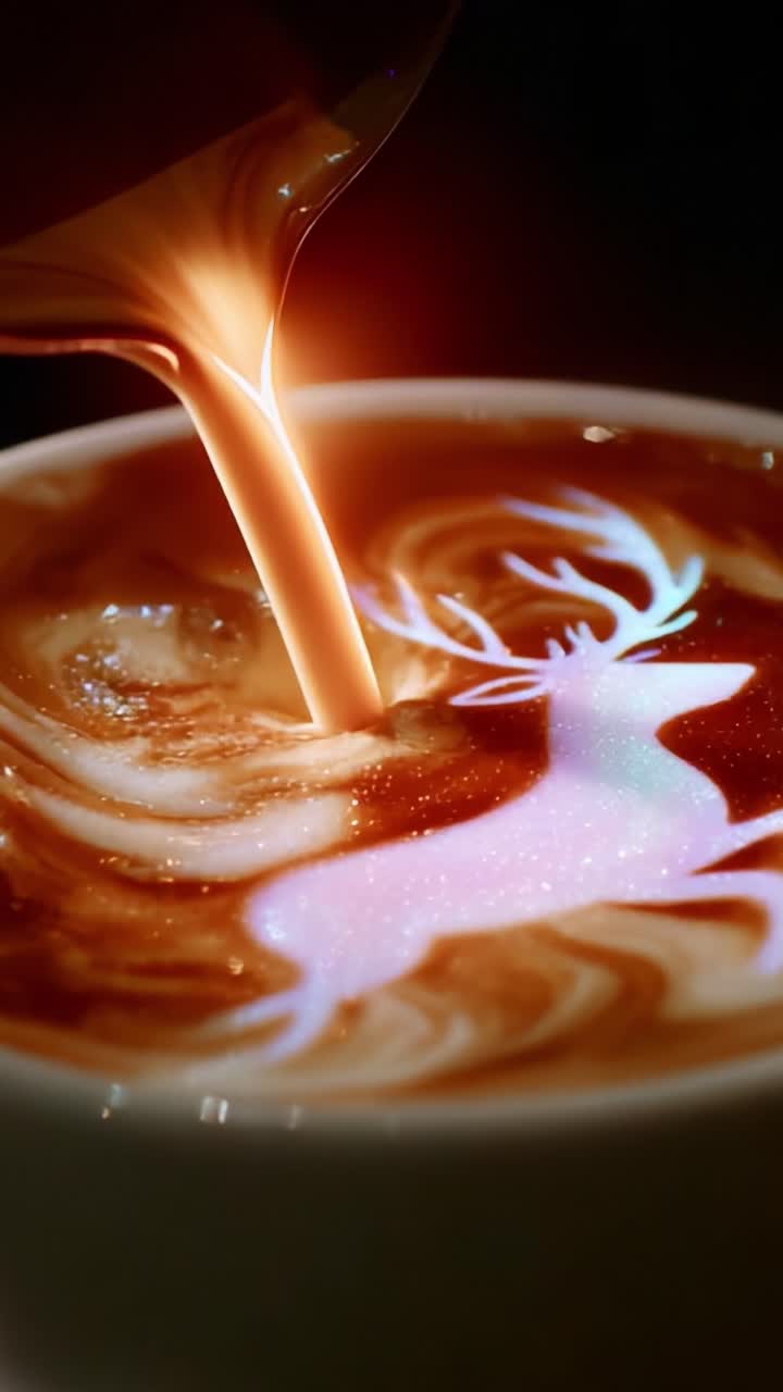 Delicate Coffee Art Featuring a Graceful Reindeer Design Created with Milk Foam and Espresso in a Beautifully Styled Cup, Showcasing the Intricate Swirls and Patterns of a Gourmet Beverage