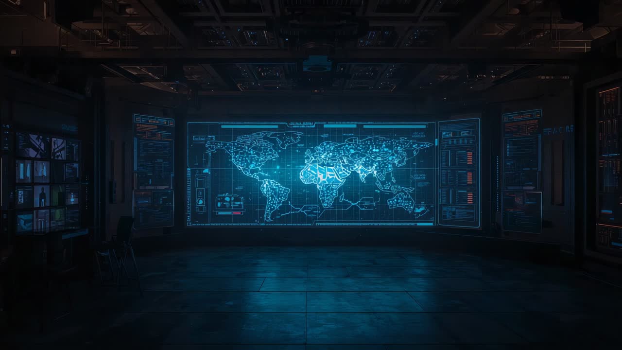 Powering up holographic world map display in high-tech command center, monitoring via side consoles