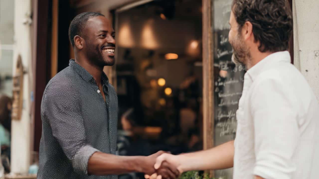 Two Friends Engaging in a Warm Greeting and Conversation Outside a Cozy Café, Sharing Laughter and Connection in a Welcoming Atmosphere