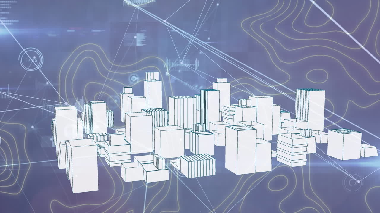 animación de la red de conexiones sobre el modelo 3d de la ciudad