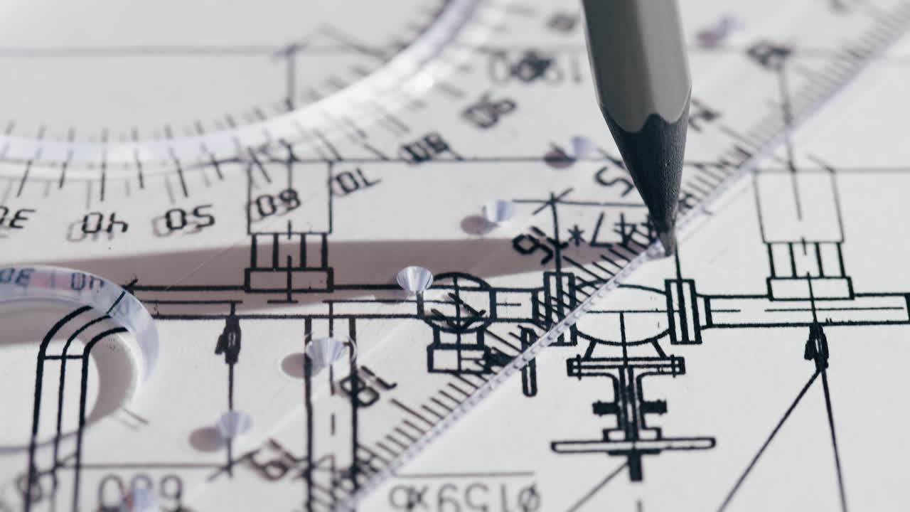 Detailed view of engineering blueprints with drafting tools like a ruler, protractor, and pencil
