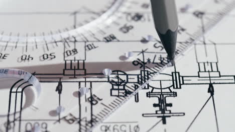 detailed view of engineering blueprints with drafting tools like a ruler, protractor, and pencil