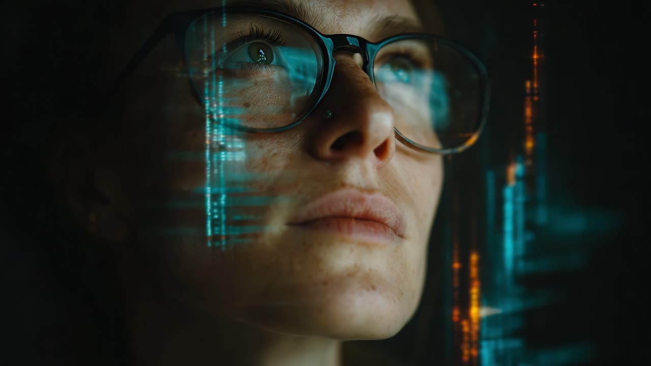 A Thoughtful Moment: A Close-Up Portrait of a Person with Glasses Reflecting Digital Elements and Data Visualizations, Exploring the Intersection of Technology and Humanity