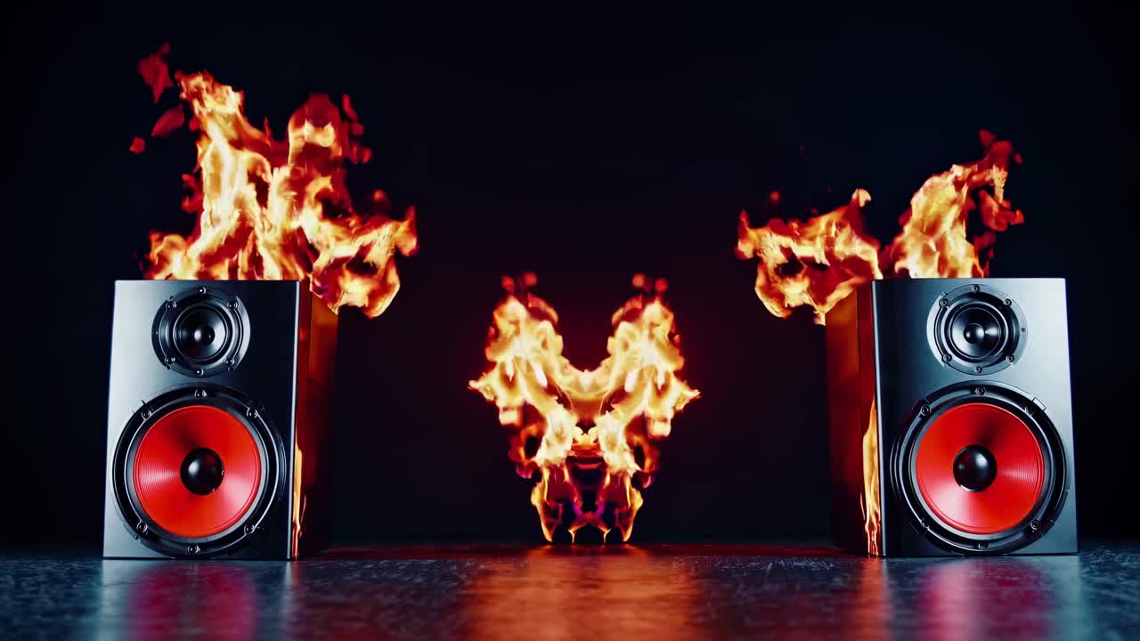 Dynamic video concept with a low-angle shot of speakers on fire, set against a dark background
