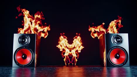 Dynamic video concept with a low-angle shot of speakers on fire, set against a dark background