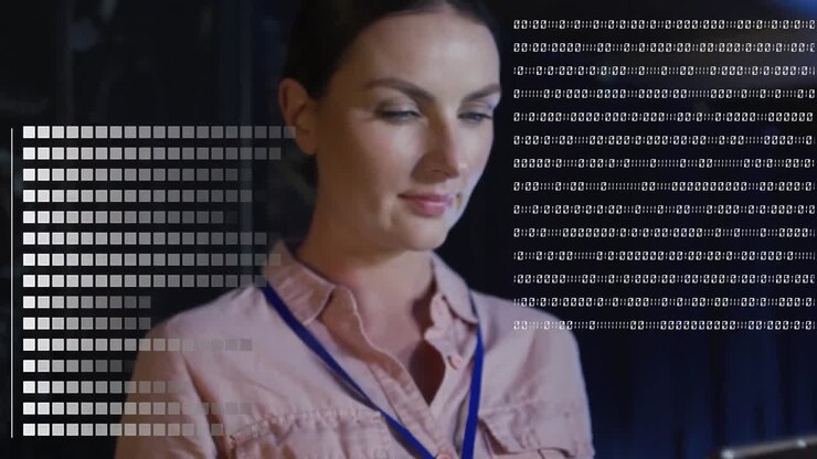Animation of data processing over caucasian woman working in server room
