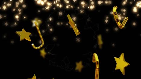 Animation-of-christmas-gold-stars-and-candy-canes-falling-on-black-background