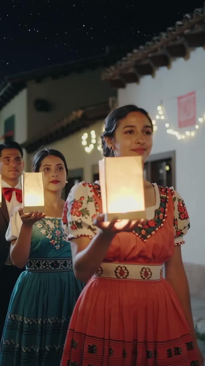 Vertical video: Emerging festival performers walking street at night, carrying lit paper lanterns