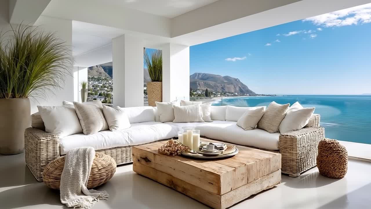 una sala de estar con vistas al océano y las montañas