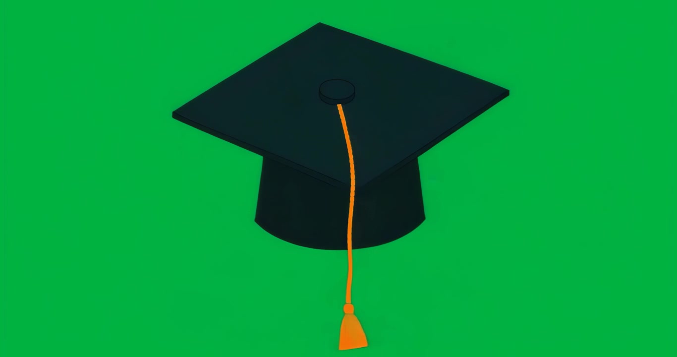 Studentertophat dukker op, roterer med uret, kvast svinger, viser design på klar baggrund.