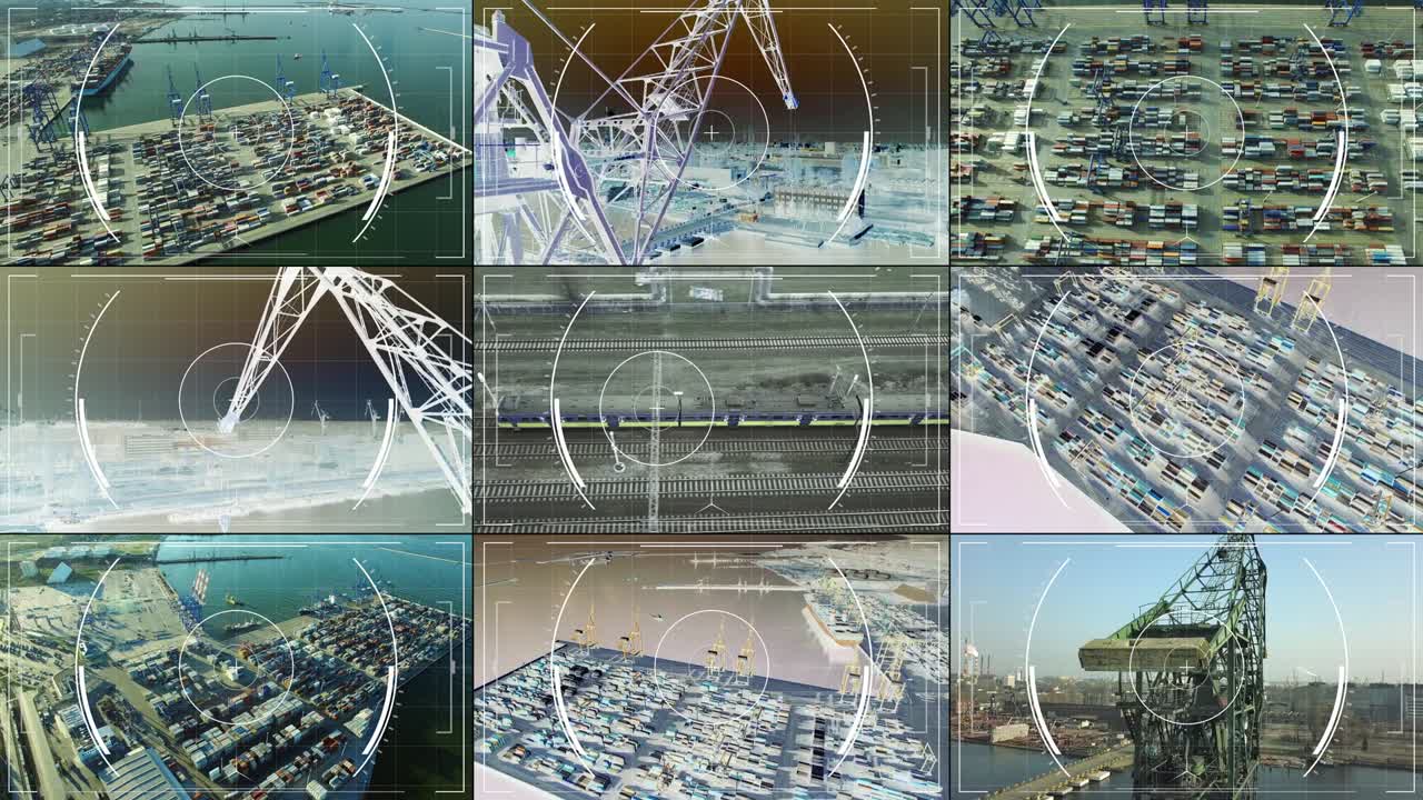 다중 스크린에서 컨테이너 선박 터미널 항구의 드론 시각