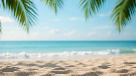 a serene beach scene video with a low-angle view, focusing on soft sand and blurred palm leaves