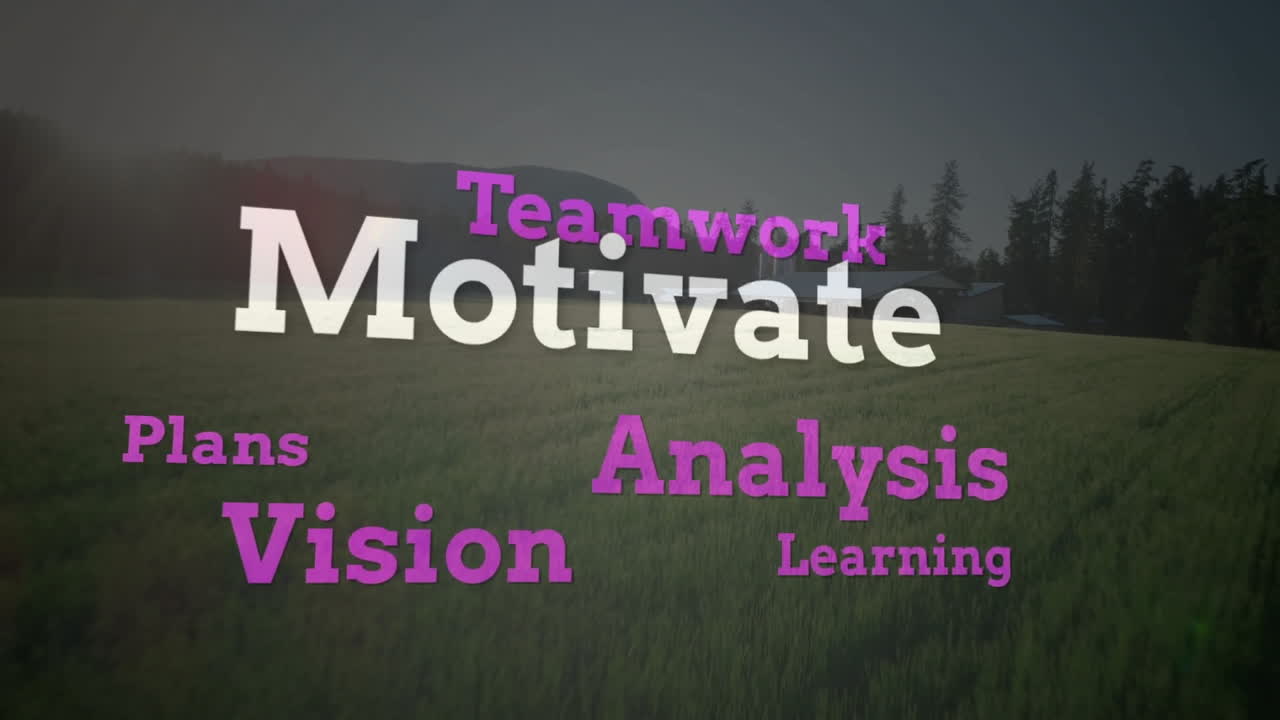 Text animation of motivate and teamwork over grassy landscape background