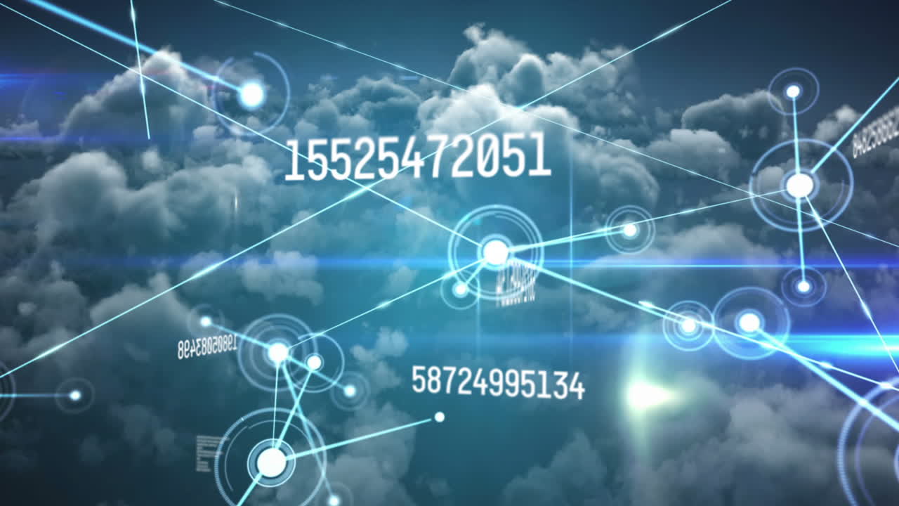 Animation of web of connections and scientific data processing over cloudy sky