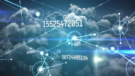 animación de la red de conexiones y procesamiento de datos científicos sobre un cielo nublado