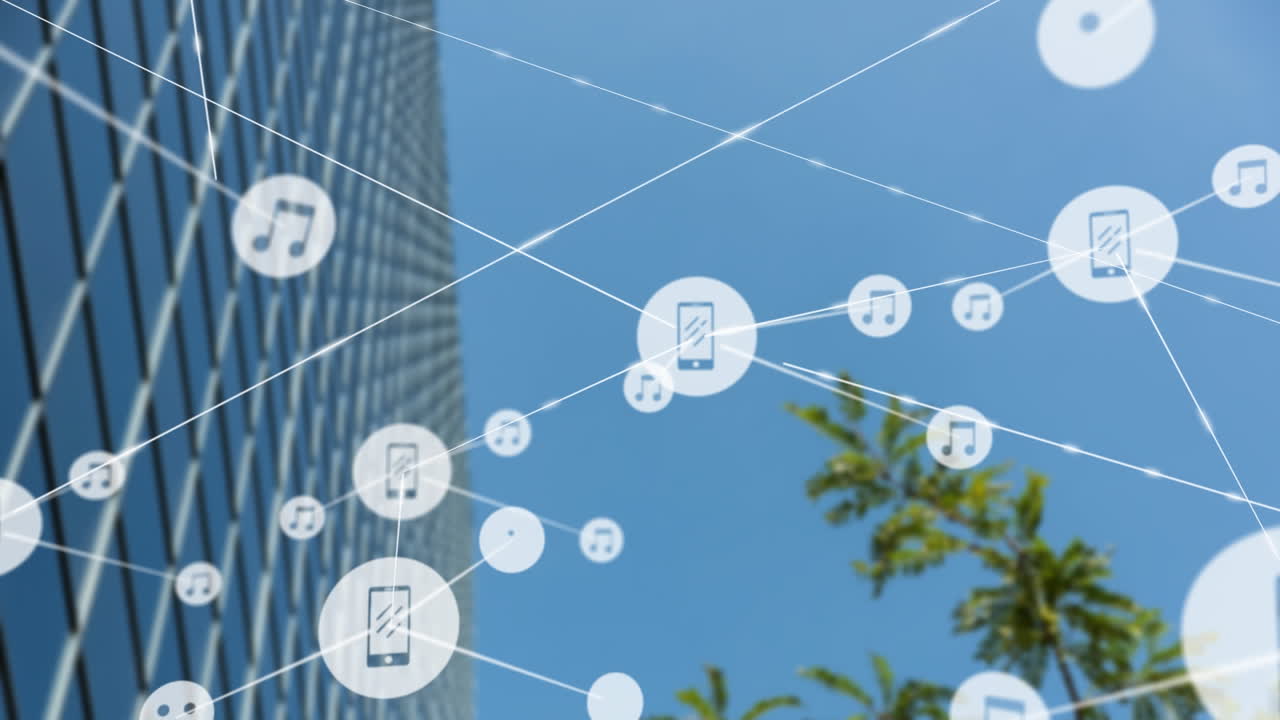 현대적인 사무실 건물 위의 아이콘과 연결 네트워크의 애니메이션