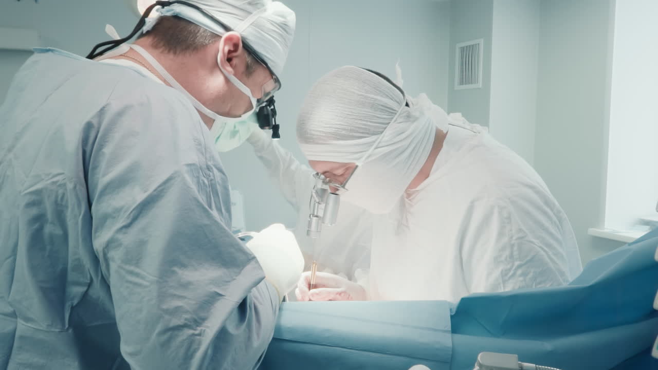 Surgeons use tools during surgery. Experienced surgical team works on small arteries using specialized instruments treating artery disease in clinic