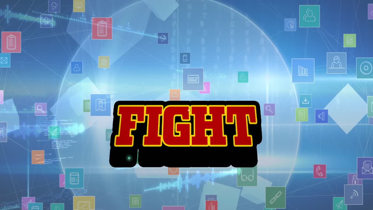 Hoạt ảnh văn bản "Fight" và các biểu tượng phương tiện truyền thông trên nền xanh.