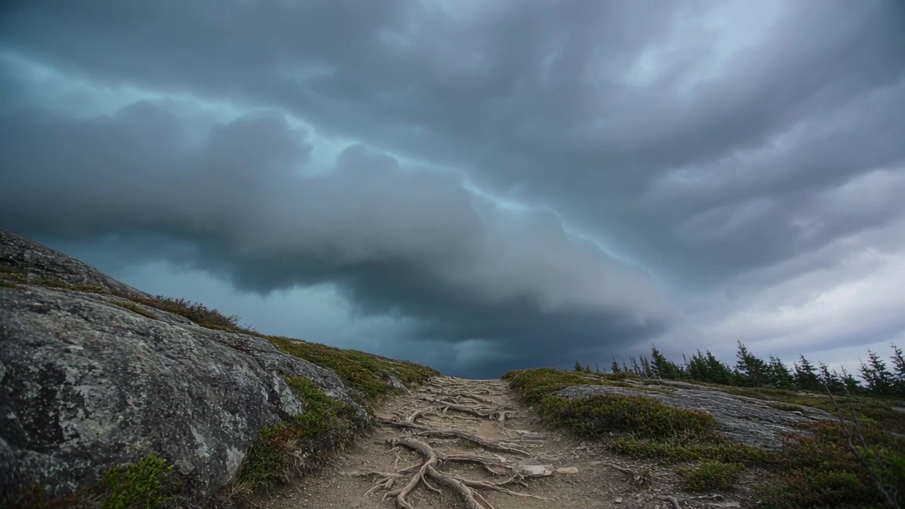 Advancing shelf cloud lowering and darkening sky over dirt trail with exposed roots signaling storm