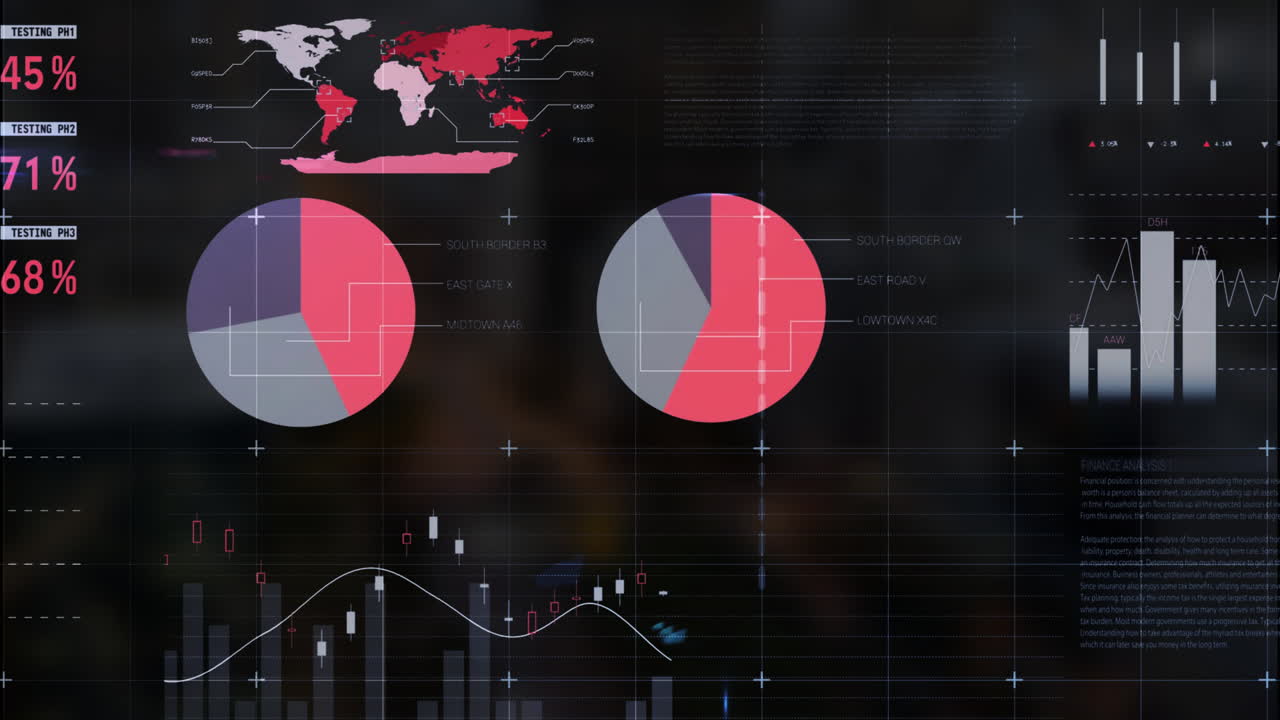 Animation of statistics and data processing over dark background
