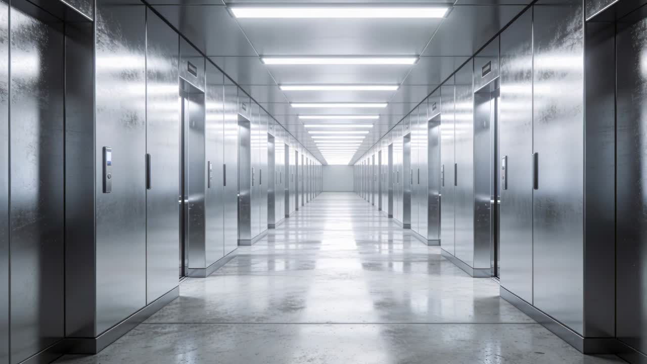 Video verticale: Telecamera che si muove lungo il corridoio di un ascensore, con luci che si riflettono e mostrano la simmetria del design.