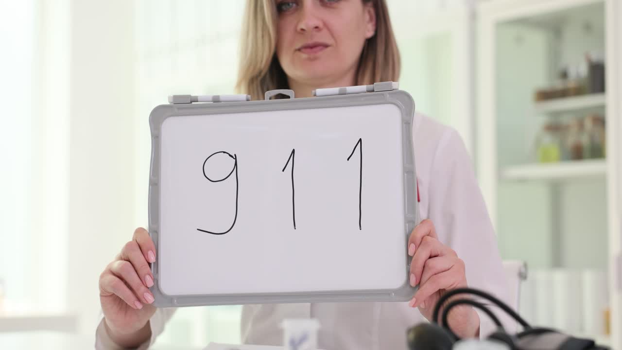 Doctor holding a whiteboard with 911 written on it
