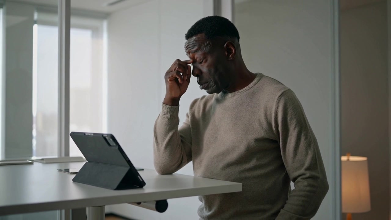 Seeing tablet folio content, man wearing sweater rubbing eyes, pausing at tall table in home-office