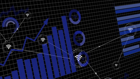 animación de iconos conectados en múltiples gráficos y círculos de carga contra un fondo negro