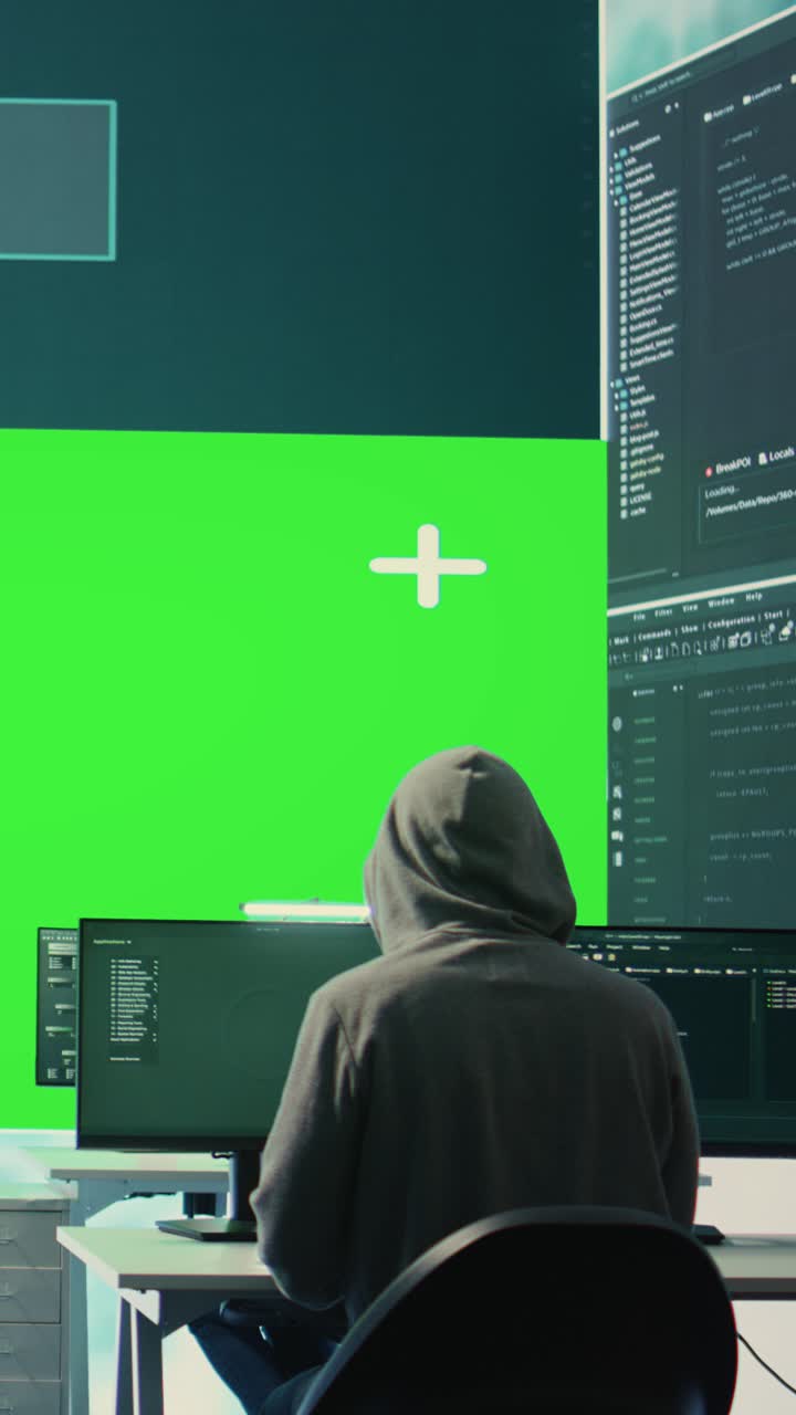 Hackare i hoodie som arbetar med flera datorskärmar med grön skärm