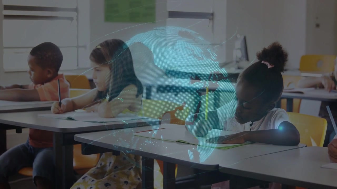Three students writing at desks, globe overlay fading, revealing notebooks, showing education