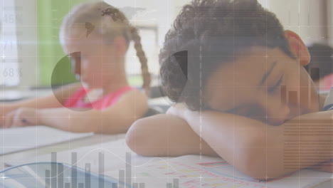 animation of infographic interface over tired biracial boy sleeping on bench in classroom