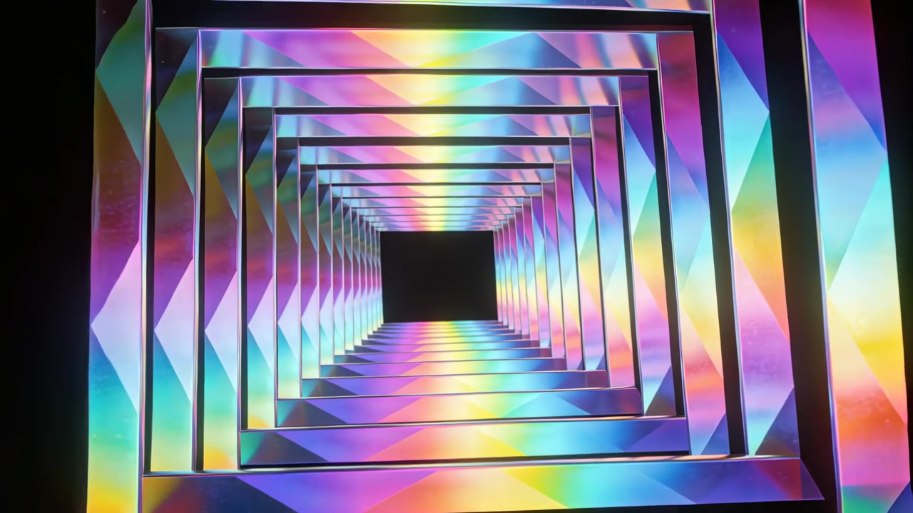 Shifting color bands causing prism nested frames rotating in CGI tunnel to highlight black square